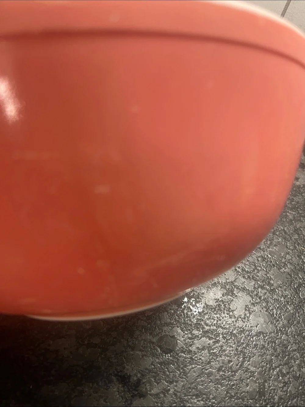 404 Vintage Pyrex Coral Pink  Mixing Bowl with White Interior.